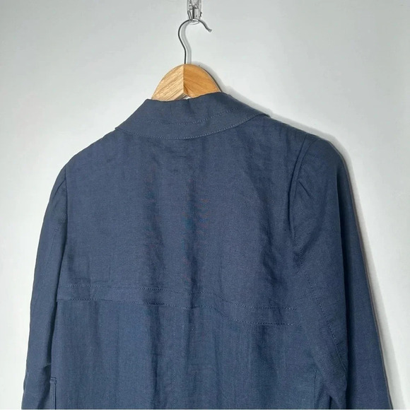 ICB Navy Blue Linen Silk Drape Front Trench Blazer Jacket Size Small - Picture 8 of 10